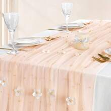 1pc Pearl Flower Tulle Table Runner, Pearl Chiffon Fabric, For Wedding Table, Bridal Shower, Bridal Veil, Birthday Party Decor