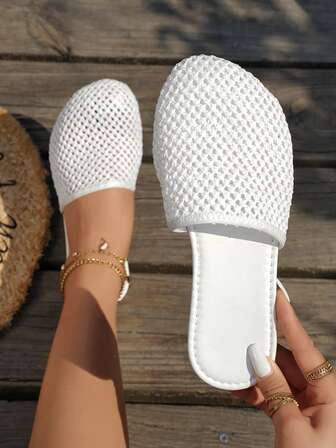 Women's Breathable Woven Slide Sandals, Flat Closed Toe House Slippers, Indoor&Outdoor Net Fabric, Solid Color, Non-Slip, Comfortable