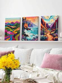 3 件山景海报、海洋悬崖帆布印刷墙面艺术、鲜艳色彩海报、沙漠山谷艺术品、日落天空绘画、风景墙面装饰、艺术印刷品、现代家居装饰、海报、理想礼物、可选画框