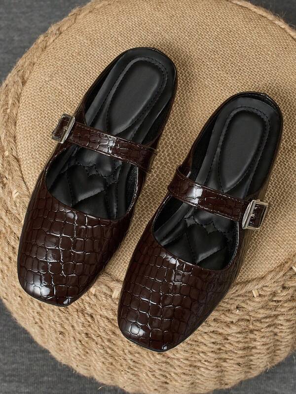 Women's Comfortable Square Toe Slip-On Buckle Flat Shoes, Suitable For Vacation, Travel, Outdoor, Casual, Versatile In Navy Blue, Purple, Green, Red, Apricot, Black, Brown Mary Jane Office Flats