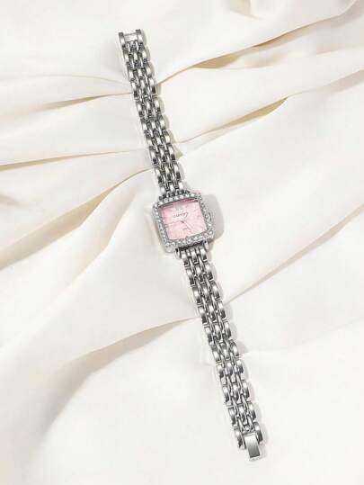 CARYINO 1pc Stainless Steel Square Zilver Horloge Classic Elegant, Versatile Refined, Inlaid Diamonds Quartz Watch. Life, Parties, mal Dinners. view 3