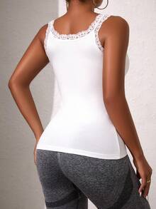 女士蕾丝碎花吊带背心，蕾丝拼接吊带背心上衣，休闲百搭纯色吊带背心，女士无袖蕾丝边纯色圆领滚边吊带背心 - 白色 - 查看 2