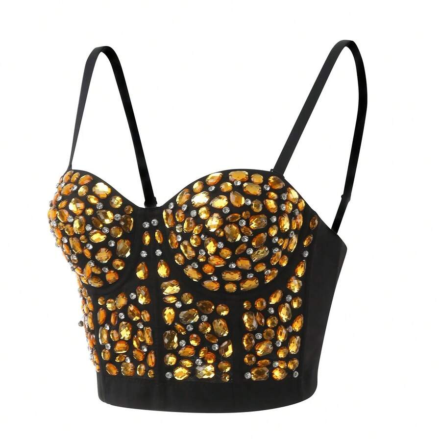 2025 Sexy Diamonds Beaded Tank Tops Summer Bustier Corset Top Tight Fitting Corset Tank Top Suspender And Striped Tops For Women - Gold - View 1