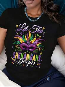 Let The Shenanigans Begin Camiseta de manga corta con cuello redondo de algodón negro de 190 g para mujer con estampado colorido de plumas y máscaras, perfecta para celebraciones de Mardi Gras, ropa de fiesta, camiseta informal cómoda para todas las estaciones - Negro - Ver 1