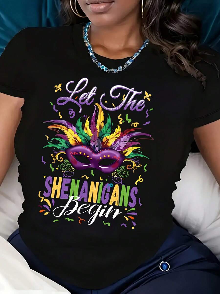 Let The Shenanigans Begin Camiseta de manga corta con cuello redondo de algodón negro de 190 g para mujer con estampado colorido de plumas y máscaras, perfecta para celebraciones de Mardi Gras, ropa de fiesta, camiseta informal cómoda para todas las estaciones - Negro - Ver 1