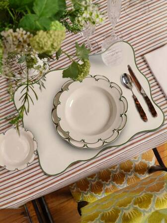 4pcs, Modern Solid Color Placemat Weaving Texture Composite Backing Scalloped Embroidery Edges Heat-Resistant Table Mat