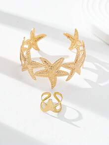 1 Set Starfish Cuff Bracelet Starfish Rings Set / Women Summer Beach Style Starfish Jewelry Set - Gold - View 2