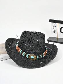 1 Peça Chapéu de Palha de Verão Feminino com Decoração de Zircônia Oca e Respirável, Chapéu de Cowboy de Sol Unissex na Moda e Personalizado, Adequado para Praia, Férias, Proteção Solar Diária, Ótima Ideia de Presente para o Dia dos Pais