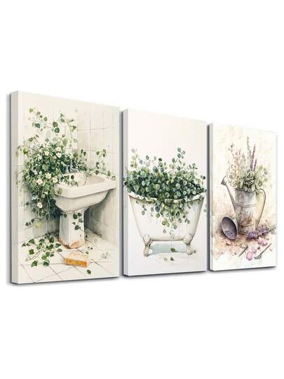 3pcs Watercolor Aesthetics Wall Art, Bathroom Greenery Canvas Print Wall Arts, Plant Poster, Garden Inspiration Artwork, Floral Touches Paintings, Antique Setting Wall Decor, Art Prints, Modern Home Decor, Posters, Ideal Gift, Optional Frame ,Wall Art With Frame