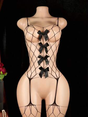 Sexy Floral Jacquard Mesh Bodystockings For Women - Sheer Lingerie Jumpsuit With Fishnet Detailing, Stretchy Nylon & Spandex Blend, Black Lace Design, Perfect For Romantic Nights