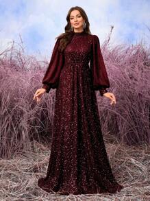 SUPGIR Vestido de fiesta de boda para invitados con cuello de lantern, elegante y brillante en la cintura, fruncido Mid Vestido, vestido de noche, vestidos de mujer de otoño