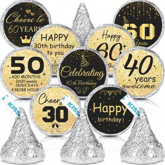 90 件 30 40 50 60 岁生日派对礼品标签、周年纪念巧克力棒贴纸、黑色和金色装饰、糖果标签贴纸
