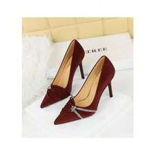 Fashion Banquet High Heels Slim Heels Super High Heels Shallow Tip Pointed Toe Rhinestone Bow Single Shoes Women's Shoes - Wine Red 10CM - View 4
