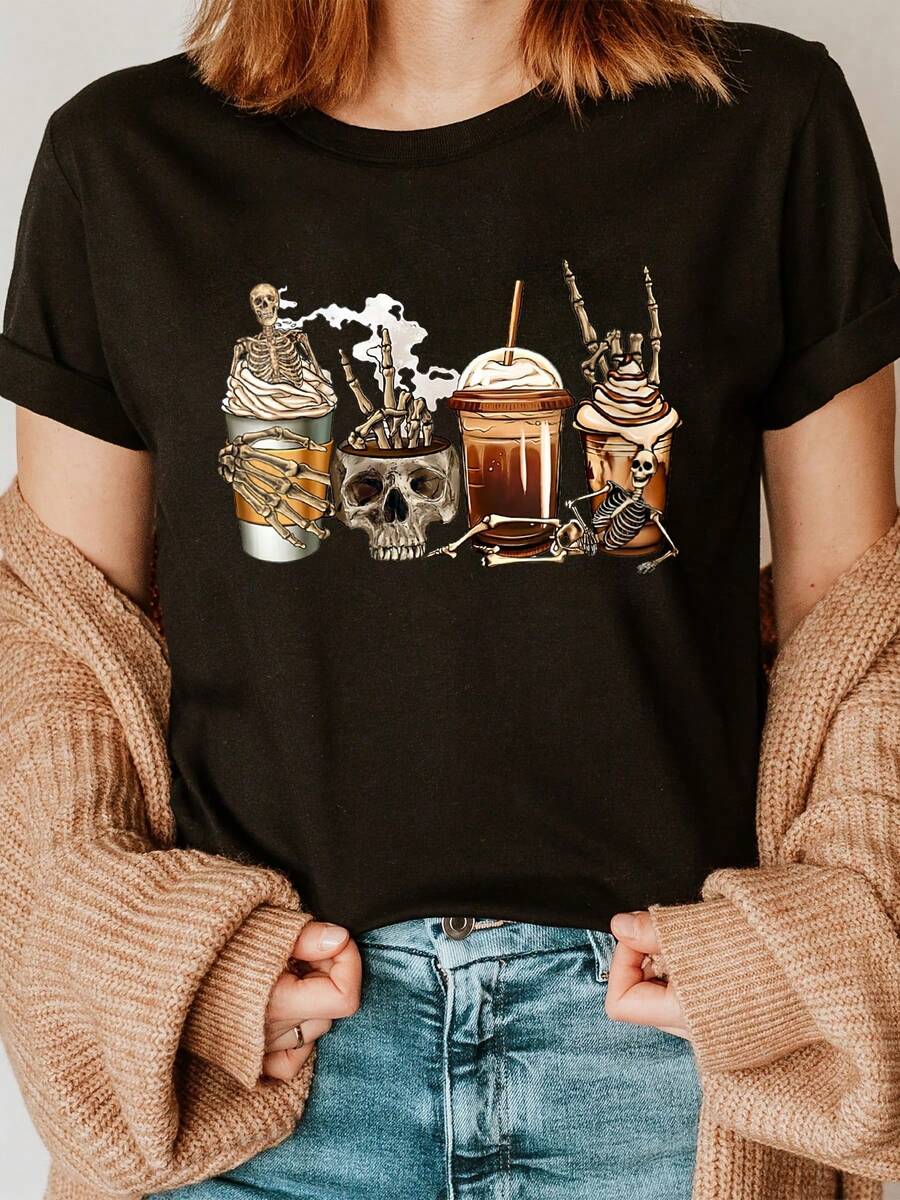 Camiseta estampada de manga corta con cuello redondo de algodón negro de 190 g, camiseta informal para mujer con gráfico de calavera y esqueleto, diseño artístico de taza de café, top de moda cómodo y transpirable - Negro - Ver 1