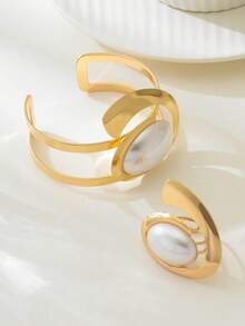 1 Set de joyería regalo con pulsera y anillos de metal exagerados incrustados con perlas, mini accesorios - Blanco - Ver 2