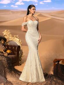 Faeriesty 高级魅力奢华串珠美人鱼礼服，露肩心形领口 - 层叠波浪珠饰，完美适合豪华婚宴和专属晚会 - 杏色 - 查看 6