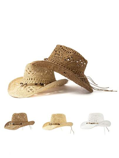1 pieza Sombrero vaquero unisex de paja con decoración de cuentas de madera y conchas, sombrero de paja con estampado hueco para el sol, sombrero de playa casual para primavera/verano. Ajuste manualmente la forma del ala si se deforma después de recibirlo.