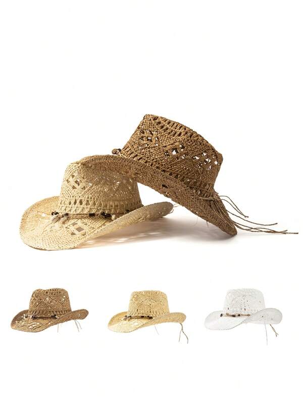 1pc Unisex Wooden Beads & Shell Decor Western Cowboy Hat, Hollow Print Straw Sun Hat, Casual Beach Hat For Spring/Summer Travel, Manually Adjust The Brim Shape If Deformed After Receiving