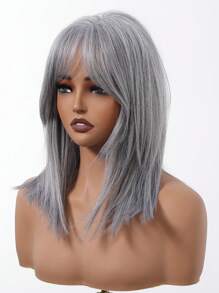16 Inch Long Straight Grey Wigs With Bangs Synthetic Wigs For Women Ordinary Work, Life, Dance Parties And All Occasions Use