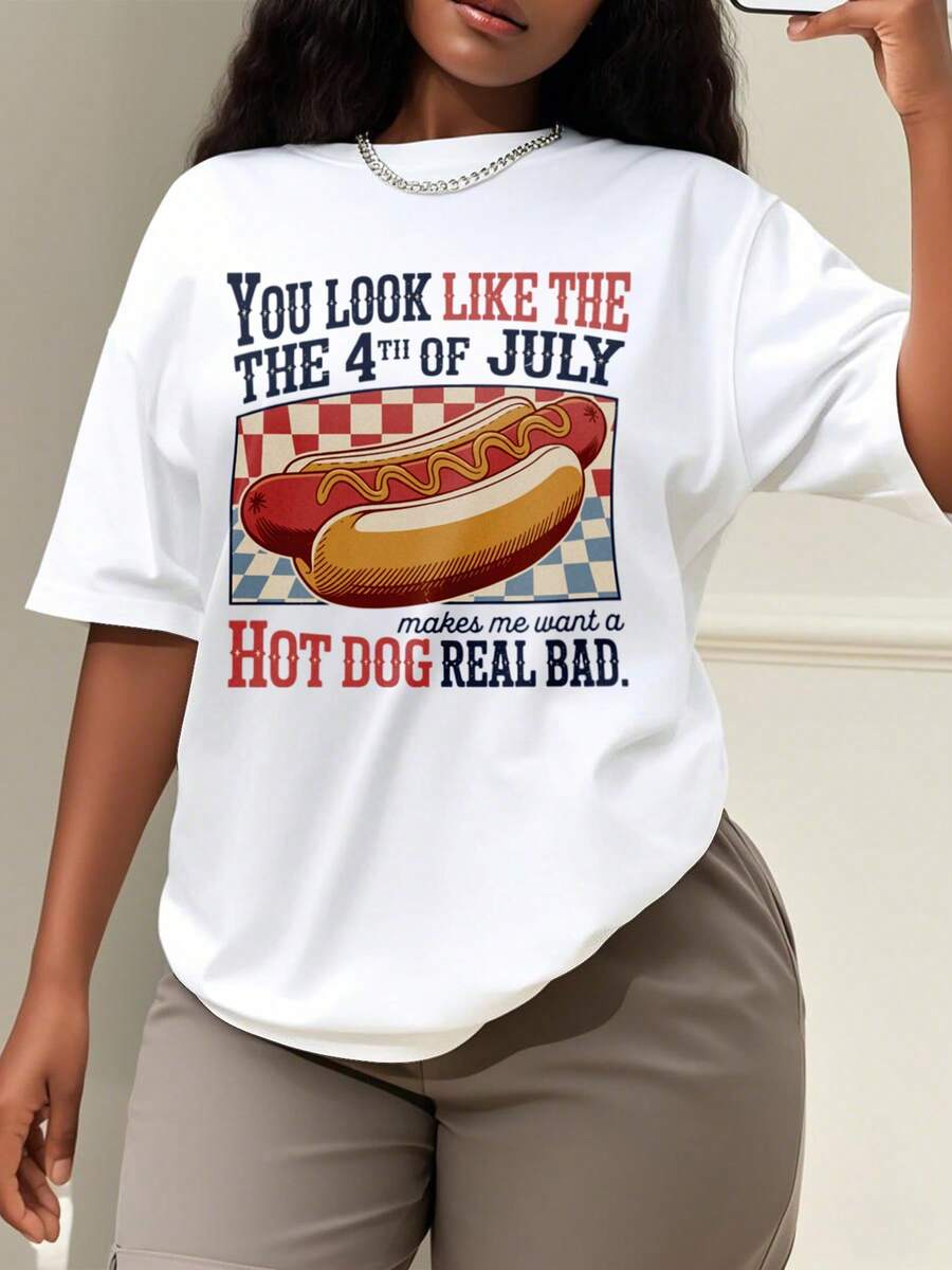 Oversized Style For Women, You Look Like The 4th Of July Tee, Funny 4th July T Shirt, Retro Hot Dog, Makes Me Want A Hot Dog Real Bad Tee, Brushstroke Independence Tee, Oversize Type Shirt For Women, Perfect For Holiday Parties Or Gift Giving, Soft And Comfortable - 白色 - 查看 1