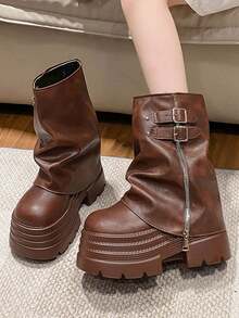 manjingfu Botas de plataforma punki de 10cm para mujer. Botas de tubo corto 2025 Nuevas, con suela gruesa y estilo británico - Marrón - Ver 5