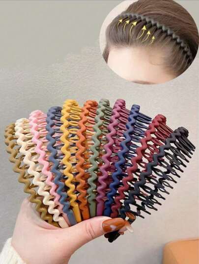 1/4/7/9pcs Simple Candy-Colored Solid Hair Hoops, Korean Style Non-Damaging Wavy Braided Hair Bands With Teeth, Suitable For Daily And Casual Use