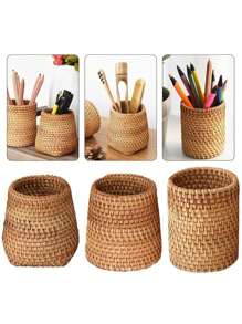 1 pieza Soporte de plumas multifuncional hecho a mano de material de ratán, soporte para plumas, almacenamiento de brochas de maquillaje, decoración de escritorio, apto para escritorios de oficina, aulas, regalos de cumpleaños, almacenamiento, decoración del hogar
