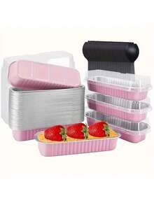 30个（10个盒子+10个盖子+10个勺子）长方形有盖烘焙包装盒，创意简约实用多功能大容量甜品盒，适用于烤奶酪、红薯、寿司、烤榴莲、面包、甜品店、餐厅、厨房、家居、派对、婚礼、毕业典礼、万圣节、圣诞节