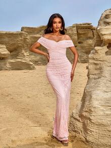 Women's Elegant Fashionable Lace Ruffle Slit Bodycon Off Shoulder Long Party Evening Dress, Suitable For Daily And Special Occasions, Formal, Gown, For Wedding Guest, Valentine's Day - Pink - View 3