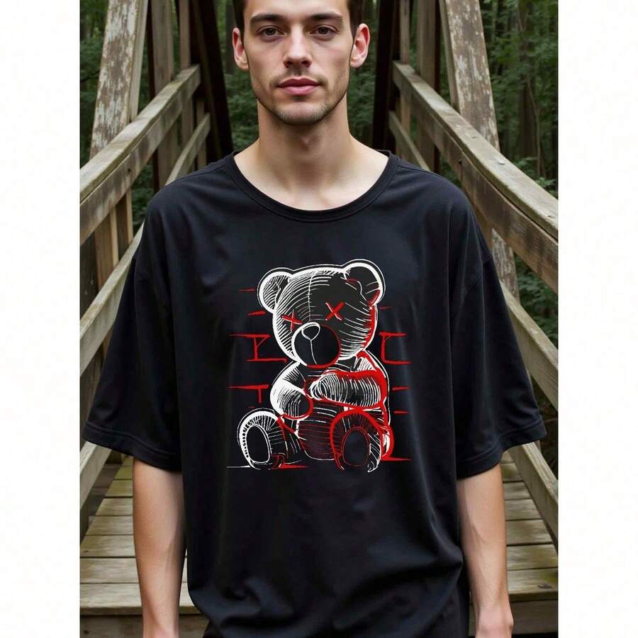 Camiseta con gráfico de oso de peluche - Diseño de arte único, 100% tela, Camiseta para hombre, Manga corta, Ajuste regular, Uso casual de fin de semana, Uso casual de primavera y verano, todo el año, 180 g/m², Ideal para Pascua, Año Nuevo, Día del Padre, Navidad - Negro - Ver 1
