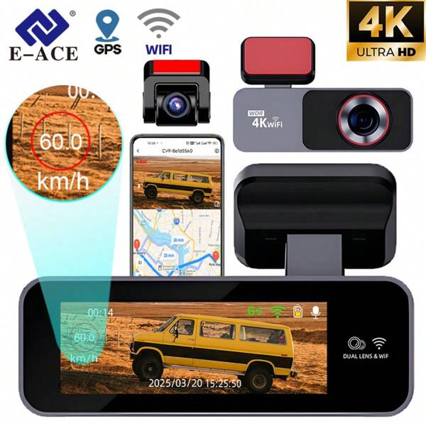 EE-ACE E-ACE Dash Cam For Cars 4k, 2160P Dash Camera For Cars, 4K Dash Cam Front And Rear 1080P, Car Accessories With Free APP Control, Super Night Vision Dashcam Front 4K, Car Camera Front, Loop Recording, G-Sensor, WDR, Mini Camera