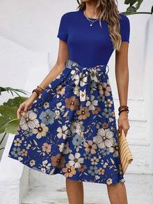 Vestido midi elegante con estampado floral para mujer, de moda para el verano - Azul Marino - Ver 2