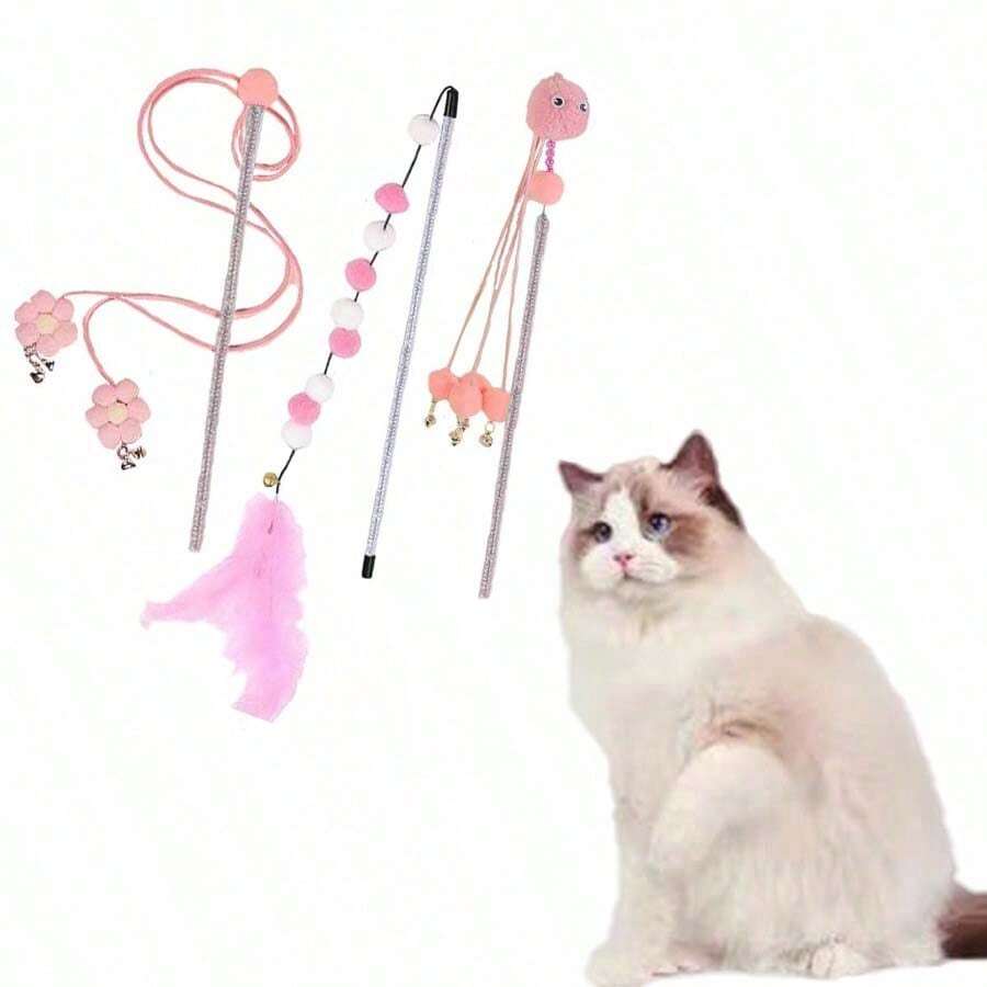 3pcs/Set Cat Teaser Wand Toys With Bell, Tassel, Cartoon Pattern, Interactive Indoor Cat Training And Play Tools - Multicolor - View 1