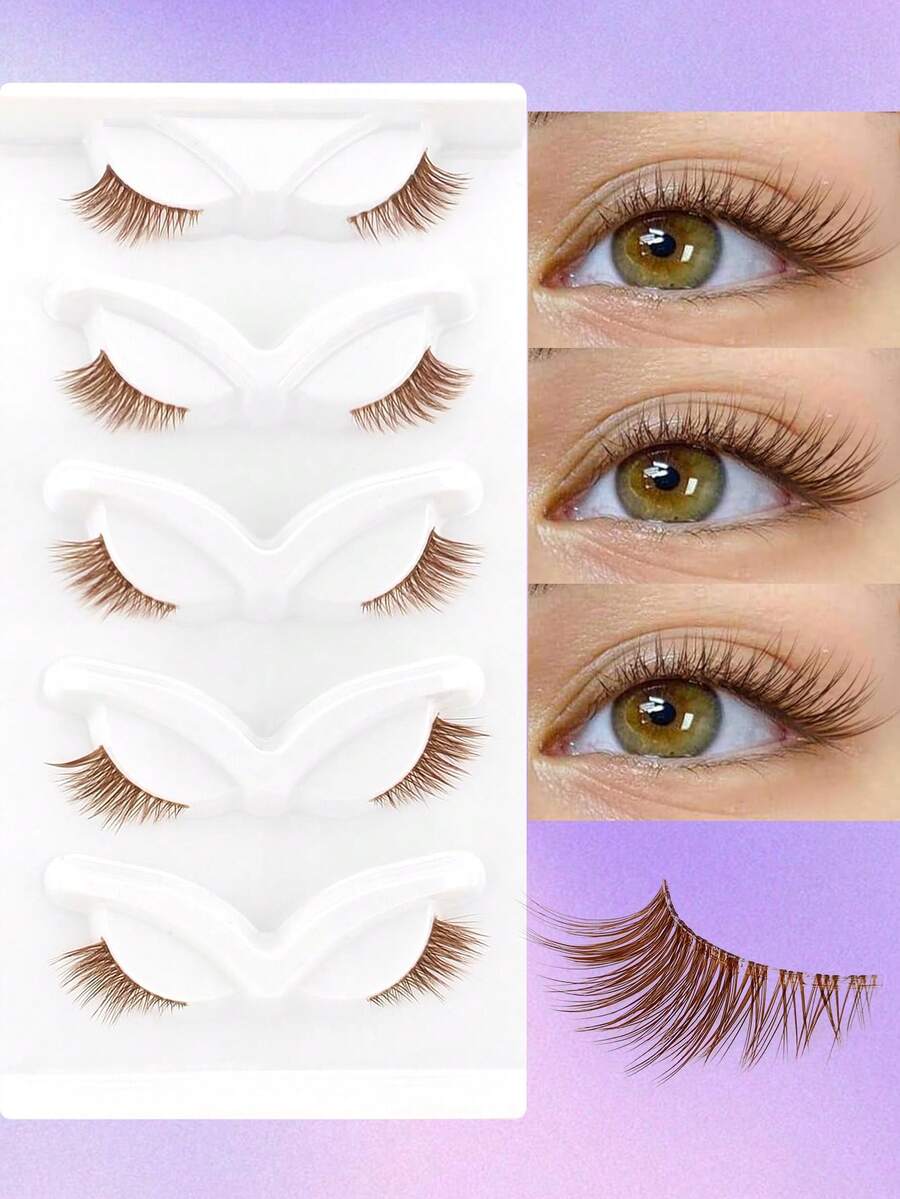 5 Pairs Brown Half-Strip False Eyelashes, Natural Makeup Effect, Transparent Stem, Create Lightweight Fluffy Cat Eye Makeup, Natural Short Accent False Eyelashes, Outer Corner False Eyelashes, 3/4 False Eyelashes, Reusable Eyelash Set - 自然纖長款 - 查看 1