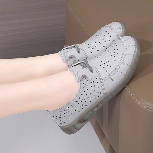 Women Leather Hollow Out Slip-On Loafers, New Summer Flat Soft-Bottom Casual Breathable Shoes, Mom Sandals