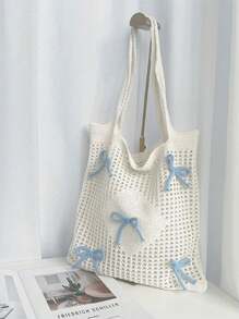 Y2k Bag Baby Pink Bows Pattern Knitted Handbag Foldable Hollow Out Design Crochet Bag Medium Vacation Beige Beach Travel Bag Large Capacity Knitted Hobo Handbag Shoulder Purse For Teen Girls Women College Students,White-Collar Worker,Casual Vacation, Beach Bag, Shoulder Bag, Tote Bag, Cute Bow Bag For Women