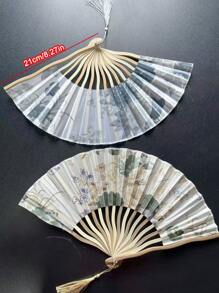 1pc Traditional Ink Painting Hand Fan, Retro Classical Style, Handheld Bamboo Fabric Fan, Portable Vintage Cheongsam Accessory, Elegant Floral Pattern With Tassels, Home Decor And Personal Use
