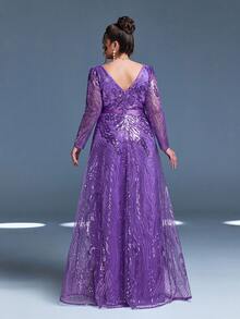 Mgiacy New Arrival V Neck Dark Purple Plus Size Evening Gown Dress Sequin Belt Mesh Long Dress