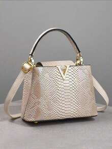 Luxus Damen Handtasche mit Schlangenmuster, stilvolles überlagertes Design, kombiniert mit goldfarbenem Beschlag, multifunktionale Schultertasche und Umhängetasche, PU-Material, elegant für den täglichen Gebrauch, Schultertasche für den Alltag, Tasche mit Schlangenmuster, abnehmbarer Schultergurt - Khaki - Übersicht 1