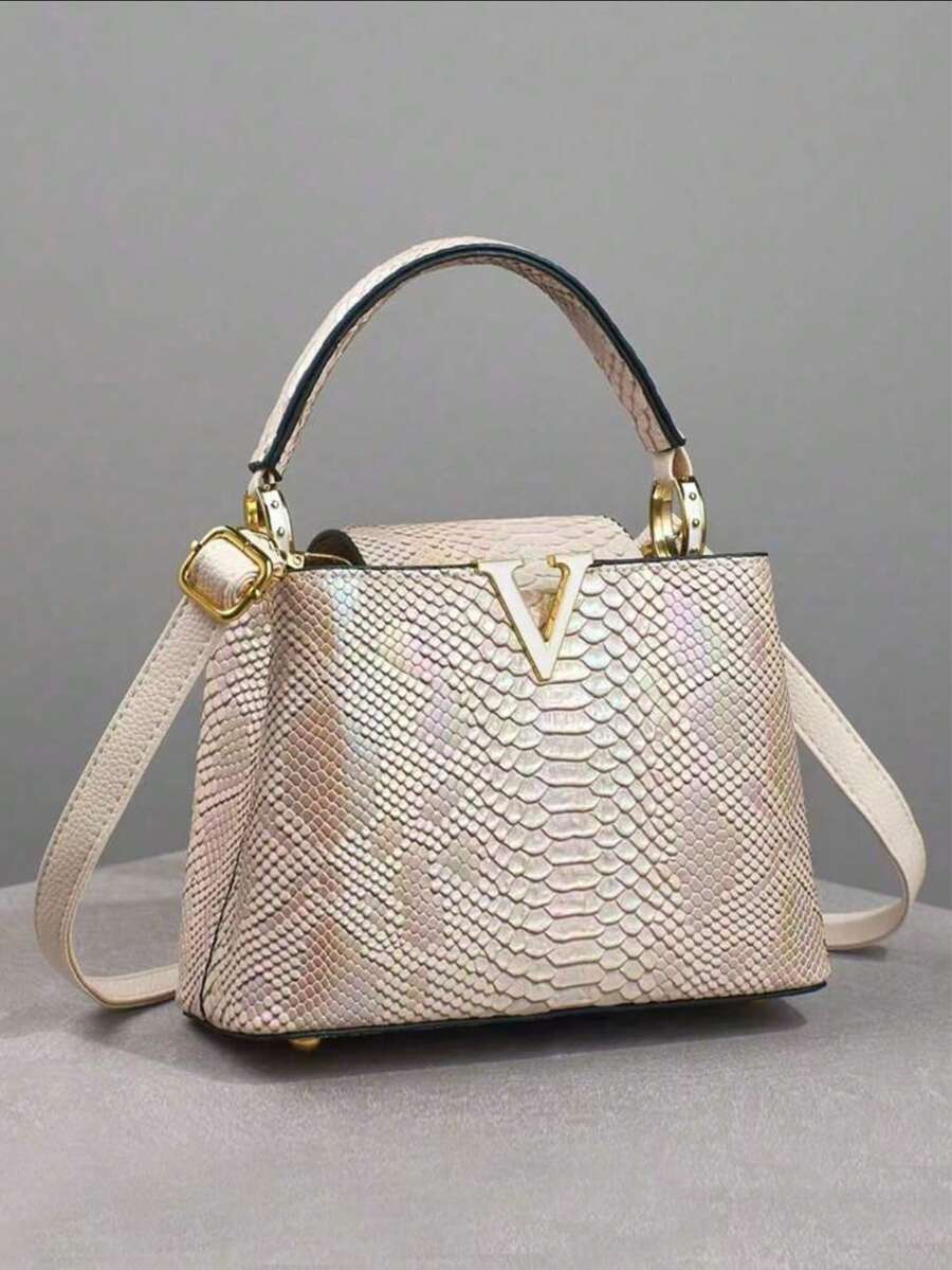 Luxus Damen Handtasche mit Schlangenmuster, stilvolles überlagertes Design, kombiniert mit goldfarbenem Beschlag, multifunktionale Schultertasche und Umhängetasche, PU-Material, elegant für den täglichen Gebrauch, Schultertasche für den Alltag, Tasche mit Schlangenmuster, abnehmbarer Schultergurt - Khaki - Übersicht 1