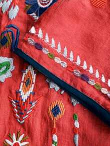 Áo cánh Boho Vintage rộng rãi thêu họa tiết cho nữ, Áo thường ngày mùa xuân/hè - Đỏ - Xem 5