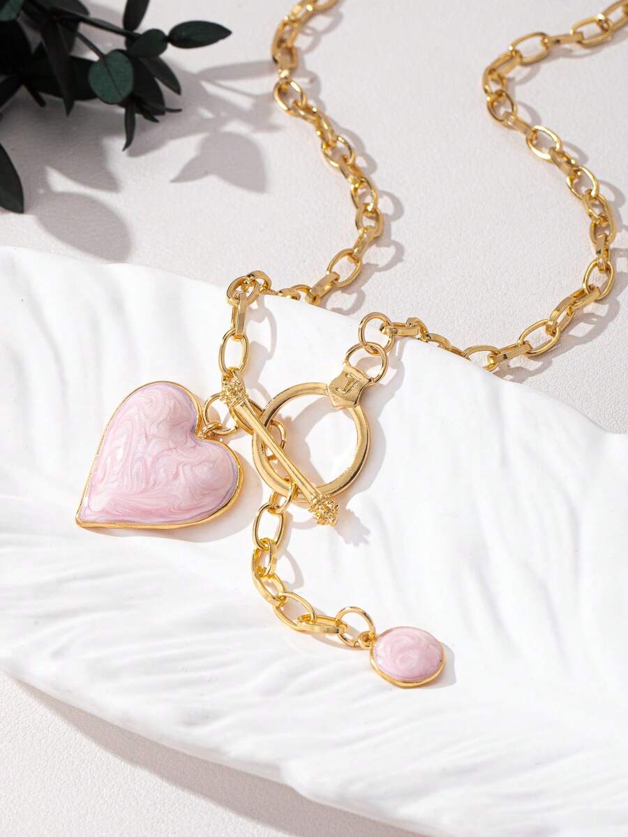 1pc Fashion 3D Alloy Coated Dome-Shaped Red Heart Pendant & Gold Water Drop Pendant Necklace - Dusty Pink - View 1