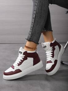 女士多功能高帮运动鞋，休闲运动鞋，适合所有季节，有白色/黑色/绿色/黄色/红色/棕色可选，防滑轻便运动鞋，厚底运动鞋，圆头系带女鞋，适合派对、日常穿着、学生礼物 - 酒紅色 - 查看 4