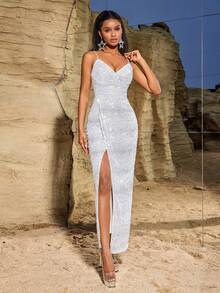 Sequins Criss-Cross Backless Slit Bodycon Evening Gown, Formal, Party Dress, For Wedding Guest - White - View 5
