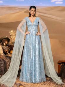 Faeriesty 优雅奢华的珍珠点缀深V领披肩袖串珠亮片正式舞会礼服