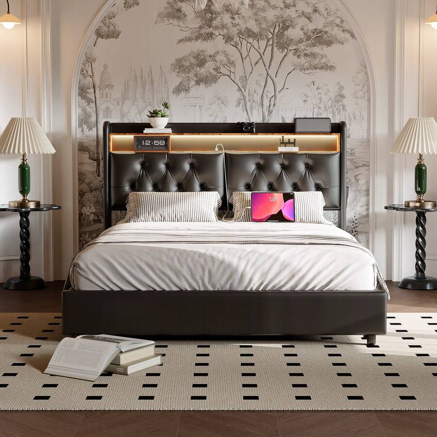 Upholstered Bed, 140x200/160x200/180x200cm, Double Bed For Adults, Hydraulic Storage Bed, Headboard With Storage Compartments And Pockets, PU, ​​​​Black