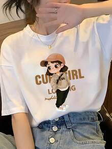 女式短袖卡通印花 T 恤，中长款休闲棉质上衣，精美印花设计 - 白色 - 查看 2