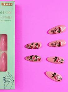 24 Peças Unhas Postiças com Formato de Amêndoa, Glossy, Padrão de Flor Rosa de Primavera/Outono, Adequado para Decoração de Unhas Femininas, Acompanha 1 Peça de Gel de Gelatina e Bloco de Lixa de Unhas