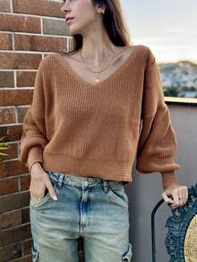 CROCHET KNITTED WINTER BLOUSE V-NECK COLD WARM - 駝色 - 查看 3