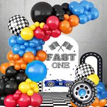 117 piezas Kit de guirnalda de arco de globos de carreras, con globos de aluminio a cuadros en azul, rojo, negro y naranja, decoraciones con temática de carreras adecuadas para fiestas de cumpleaños, competencias al aire libre, decoraciones para celebraciones.